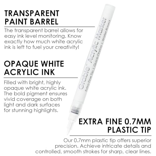 Grabie 6 White Acrylic Paint Markers, 0.7 mm Extra Fine Tip | Bright White Coverage, Ultra Fine Detailing, Fast Drying Acrylic Ink, Crisp Highlights, Smooth Writing, Ideal For Artists - color: 6 White Acrylic Markers