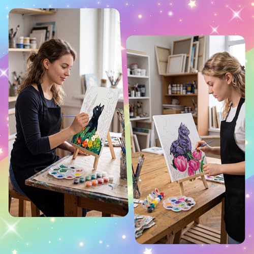 Motipuns 12 Set Black Cat Flower Pre Drawn Canvas for Paint for Adults | 8 x 10 Inch, Sip and Paint Party Kit, Pre Printed Framed Canvas with Easels Paints Brushes Aprons, Party Adult Art Supplies - style: Flower Cat