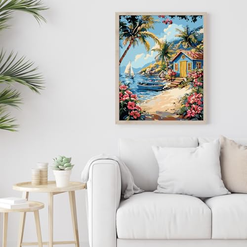 Possoco Paint by Numbers Kit for Adults Beginner, Beach Landscape Easy Adult Paint by Number Kits on Canvas, DIY Acrylic Watercolor Oil Paint by Number for Adults for Home Decor Gift 16x20 Inch - color: DG-OP-SeasideHouse-4050