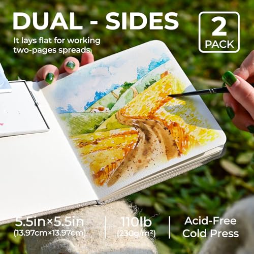 Funto Watercolor Journal, Square, 5.5x5.5, Portable 2-Pack, 48 Pages Each, Gray Cover, 110lb/230gsm, Art Supplies for Mixed Media - color: Gray