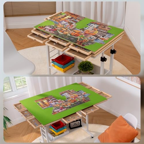 Tektalk 2000 Piece Foldable Puzzle Board with Height Adjustment, Jigsaw Puzzle Table with 2 Felt Cover & 8 Sorting Trays/Drawers, Puzzle Easel with Legs, Enclosed with 4 Roller Wheels (Green) - color: Green