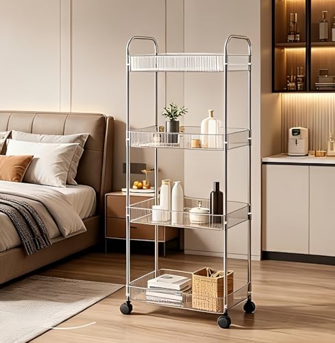 Sooyee Clear 4-Tier Plastic Rolling Utility Cart with Wheels | Multi-Functional Storage Trolley, For Office, Living Room, Kitchen, Movable Storage Organizer - color: Clear, size: Wide 4 Tier