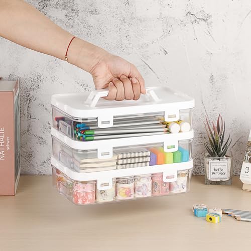 BTSKY 3 Pack Clear Plastic Storage Box with Handle & Flap Lid, Portable Craft Organizers and Storage Box Art Supply Storage Organizer Multipurpose Plastic Sewing Box for Beads Pencils Sticky Notes - color: 3 Pack