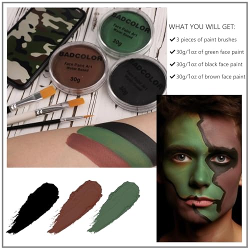 Black Green Brown Camo Face Paint with Brushes Set, Water Based Face Painting Kit for Camouflage Military Hunting & Paintball, Facepaint for Kids & Adults Halloween Special FX Cosplay Costume Makeup - color: Black+Green+Brown+3Pcs Brushes
