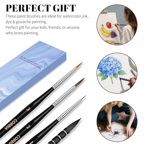 Professional Watercolor Sable, Squirrel Hair Paint Brushes, Mop Round Tip Detail Paintbrush Set for Oil Painting, Gouache, Detailing, Acrylic