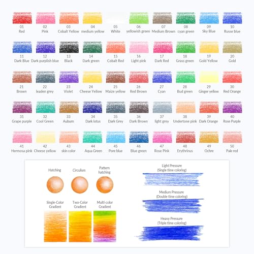 50 Colored Pencils for Adult Coloring Books, Oil-Based Soft Core | Includes 48 Colored Pencils + 2 Metallic Colors with Sharpener for Adult and Beginners Coloring, Sketching, Drawing, Painting - color: 50-Color Gift Pack