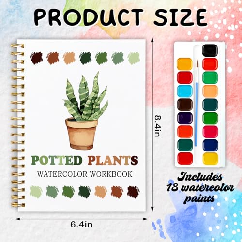Potted Plants Favorites Watercolor Workbook, Water Coloring Book, 12 Patterns, Watercolor Kit for Beginners, Plant Lovers Gift - color: Green-Potted Plants