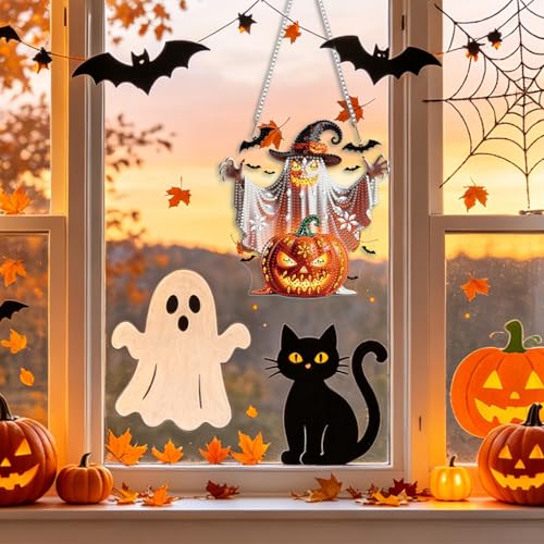CEOVR Halloween Ghost Hanging Diamond Art for Adults, Ghost Pumpkin Diamond Painting Pendant, DIY Special Shape Gem Art Window Ornament, Acrylic Home Wall Decor with Chain, Box Kit 7.48×7.87inch - color: 12-Ghost