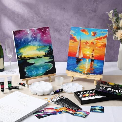 Cholemy 6 Set Paint and Sip Kit for Adults 8"x 10" Pre Drawn Canvas Painting with Wooden Easel Acrylic Paint Wash Cup Brushes Palette Apron for Painting DIY Adult's Date Party Supplies(Landscape) - style: Landscape
