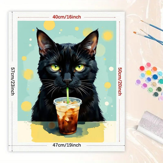 Animal Paint by Numbers Kit for Adults - DIY Black Cat Drinking Iced Coffee Painting on Canvas 16x20 inches, Frameless Acrylic Paint Set, Suitable for Beginners, Art for Home Decoration or Gifts - color: cyy301