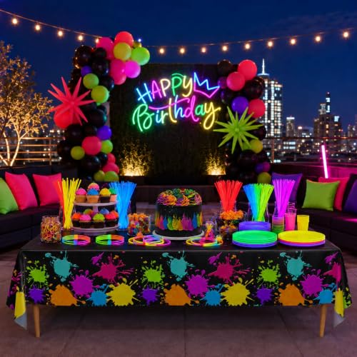 Blue Orchards Glow Party Table Covers (Pack of 2) - 54"x108" XL - Neon Glow Birthday Party Tablecloth, Blacklight Glow in The Dark Decorations, Fluorescent Tableware, Rave Event Theme Supplies Decor - color: Glow (Pack of 2)