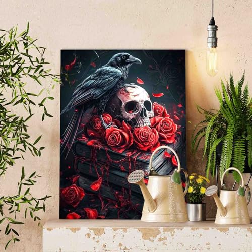 Dark Art Raven Skull Roses Red Petals Gothic Paint By Number Kit Beginner, Eerie Mysterious Books Horror Number Painting Fantasy For Home Wall Decor Gift For Friends Family 16X20 Inch (DIY Framed) - color: Dark Raven-01, size: 16''x20''(DIY Frame)