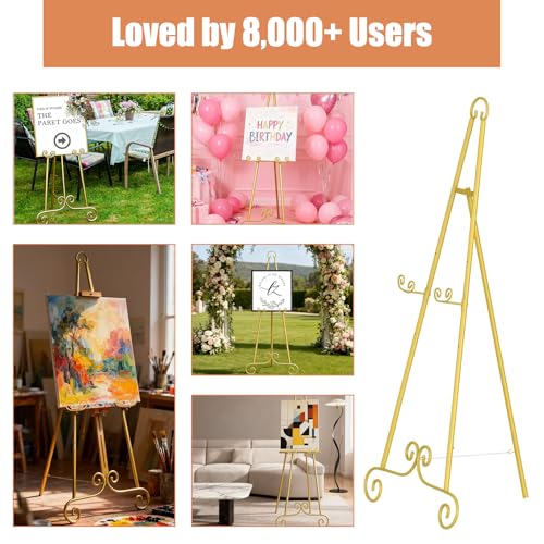 46" H Adjustable Metal Display Easel - Vintage Gold Scroll Design, Rust-Proof Metal Stand for Showcasing Pictures, Artlork, Picture Frame and Wedding Signs