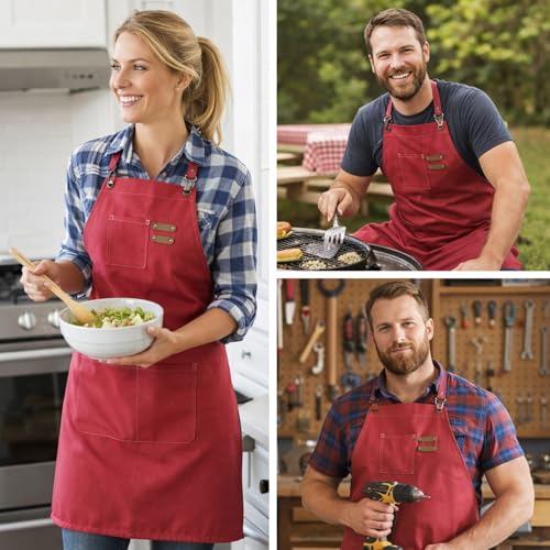 Chef Aprons for Men Canvas Apron with Large Pockets and Adjustable Neck Strap for Cooking,BBQ, Gardening - color: Hot Pink