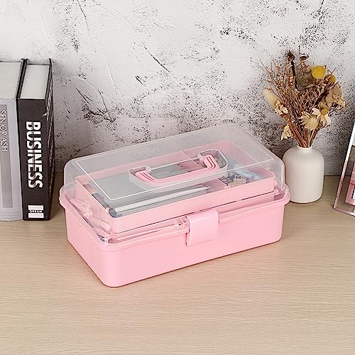 BTSKY 3-Layer Plastic Dividing Storage Box Craft Organizer and Storage | Portable Handled Art Supply Organizer with Adjustable Spacers Multipurpose Home Utility Box for Medicine, Sewing(Pink) - color: Pink