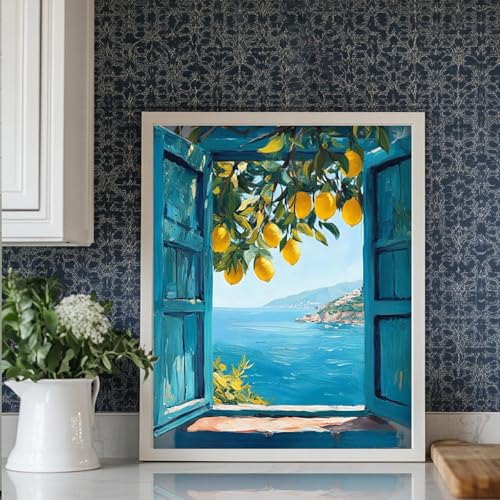 PHANTASYART Lemons Paint by Numbers Kit for Adults 16x20inch | Window View Adult Paint by Numbers, Coastal Landscape Canvas Paint by Numbers for Adults, DIY Acrylic Paint Kit for Adults - color: Lemons, size: 16x20inch