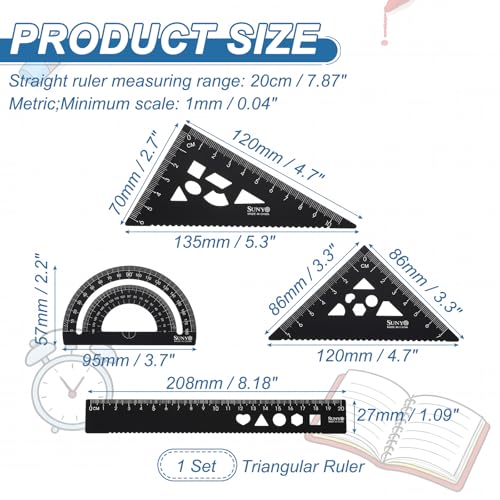HARFINGTON 4pcs Triangular Ruler Set 20cm Aluminum Alloy Straight Geometric Protractor Triangle Engineering Scale Drafting Ruler Kit Measuring Drawing Tool for Classroom Office Home, Black - color: Black
