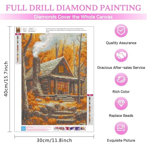 MIRCVSH Autumn Diamond Art Kits for Adults,5D Round Drill Wood Cabin Diamond Painting Kits for Adult Beginners,DIY Full Drill Gem Art Painting Kit for Home Wall Decor 12X16 Inch. - color: G9677