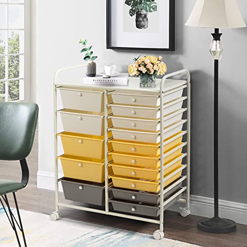 DREAMADE Rolling Cart with 15 Drawers, Lockable Wheels, Removable & 2-Sized Storage, Art Cart for School, Home, Crafts, Scrapbook (Yellow) - color: Yellow, Beige & Grey, size: 25"L x 14.5"W x 34.5"H