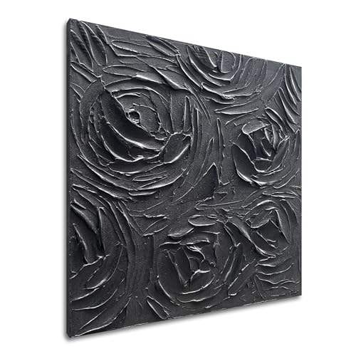 Art Hand-Painted Abstract Three-Dimensional Textured Black Rose Flower Art Oil Painting, 24x24 inches. Modern Minimalist Style Art. Suitable for Wall Decoration in Home Office - color: Yi127