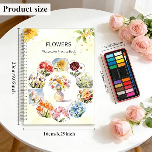 EVOCKAY Beginner's Beautiful Watercolor Workbook - Easy & Relaxing Floral Painting on Premium Paper - Ideal Gift to Ignite Creativity and Joy for Adults - color: Flower B-15 Colors