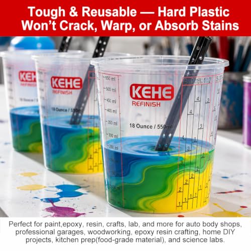 100-pack Paint Mixing Cups by KEHE REFINISH,18 oz (550ml),Disposable or Reusable Plastic Measuring Cups with Lids for Liquids, Paints, Resin, Epoxy, Art,Ratios 1:1,2:1, 3:1, 4:1,5:1,6:1,8:1 - size: 18oz-100Kit