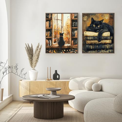 Possoco 2 Pack Paint by Numbers Kit for Adults Beginner, Black Cat Adult Paint by Number Kits on Canvas, DIY Acrylic Vintage Books Number Painting for Adults for Home Decor Gift 16x20 Inch - color: DG-OP-2P-BlackCat-4050