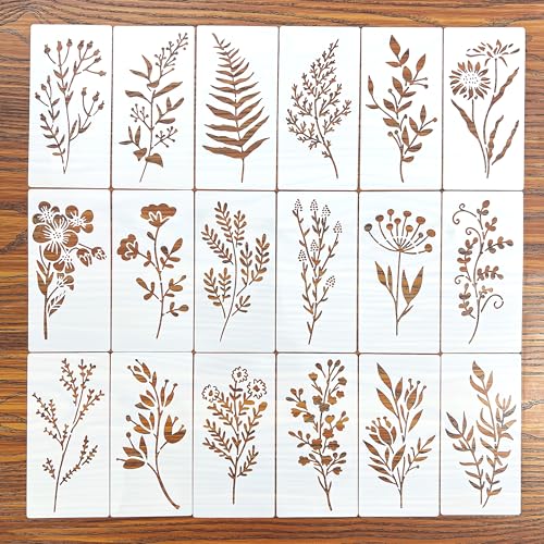 18 Pcs Reusable Floral Leaf Stencils, Plastic Painting Templates 2.95 x 5.91 Inch for Wood, Fabric & Paper DIY Crafts - color: 18 Floral Leaf