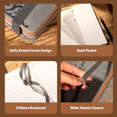 CAGIE Compass Leather Journal for Men, A5 Lined Notebook Writing Gift | 288 Pages 100 GSM Acid-free Paper, Bleed-free, Pen holder, Lay Flat, For Daily Writing, Office, Gifting - color: Gray