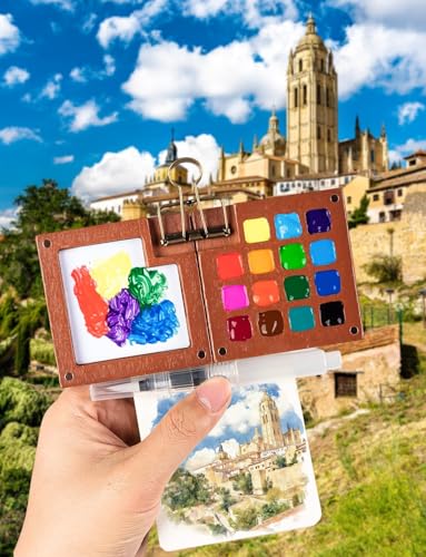 Mini Watercolor Travel Set, Mini Watercolor Paint Set with 2 Wooden 15-Grid Palette, 24 Colors Paint, 2 Sketch Books and 4 Brushes, Copper Clip and Sketchbook for Travel Painting - style: 24Colors & 30Grid Palette