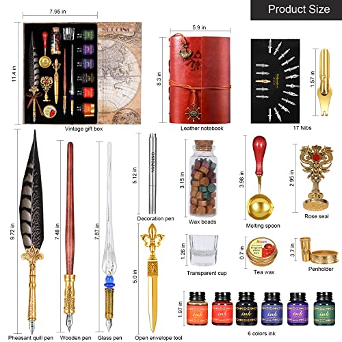 Vintage Pheasant Quill Pen Ink Set,Feather Dip Pen Set with Classic Spiral Bound Leather Notebook,Beginners Glass Dip Pen Wood Calligraphy Pen Craft Decoration Pen,Best Gift Kit for Writing,Drawing