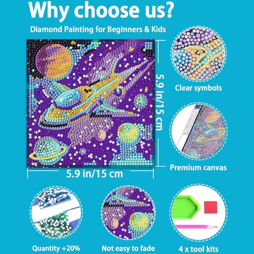 Space Diamond Art Painting Kit for Kids, 5D Diamond Art Kits for Beginners | 4 PCS DIY Spaceship Gem Rhinestone Full Drill Gem Painting Crafts for Girls Boys Ages 8-9-12 for Home Wall Decor 6x6 inch - color: CC1072+CC1073+CC1074+CC1075