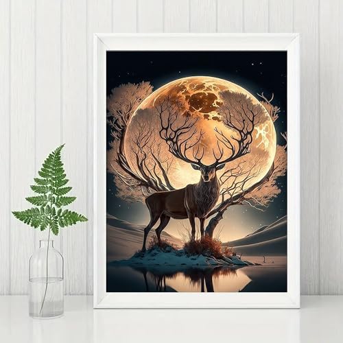 GMETINC Moon Deer Diamond Painting Kits for Adults, Elk DIY 5D Diamond Art Kits Full Drill Diamond Dots Paintings with Diamonds Gem Art and Crafts Home Decor 12x16inch - color: Elk