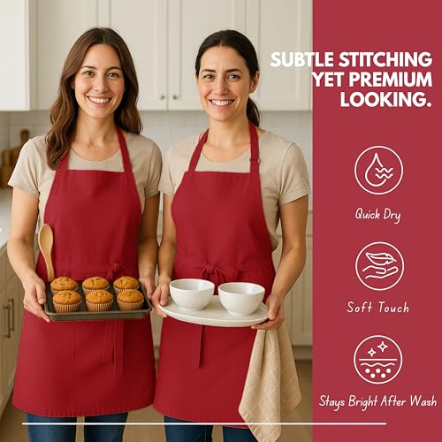 Native Fab Kitchen Apron 2 Pack - 100% Cotton Adjustable, Durable Apron with Pockets, Perfect for Cooking, Baking, Grilling - color: Red