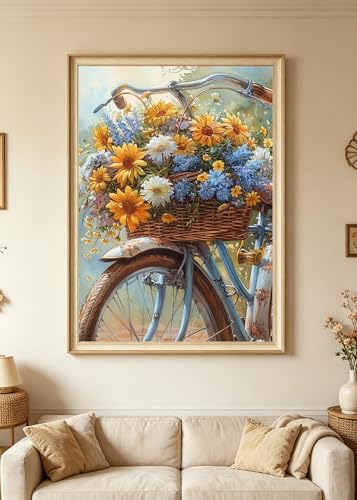 Flowers Bicycle Diamond Painting Kits for Adults, 5D Diamond Art Painting by Numbers Kits Diamond Art Kits for Adult Full Round Drill Diamond Painting Kit for Adults for Home Wall Decor, 12x16 inch - color: QCL26025