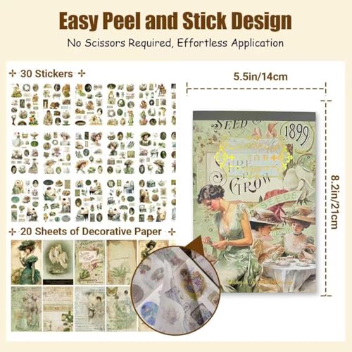 AZY Journaling Stickers Kit Seasonal & Vintage Paper Stickers for Bullet Journal, Scrapbook & DIY Collage, Easy Peel Stickers with Tweezers for Art Journaling - color: Green