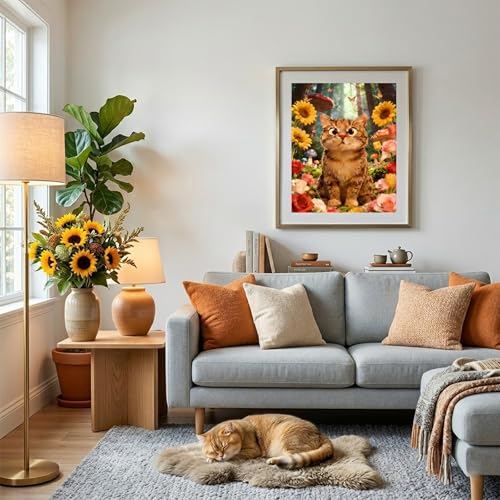 Cat Diamond Art Kits for Adults Sunflower Cat Birthday Gifts for Women Cats Lover Gifts for Women Men Diamond Art Painting Kit Gem Art DIY 5D Diamond Painting Home Wall Cats Decor 12x16inch - color: Sunflower Cat