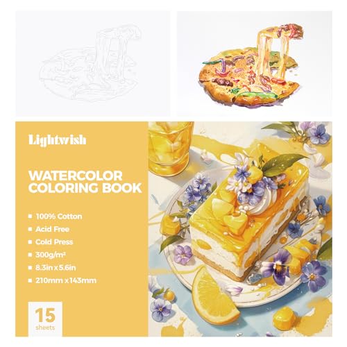 Lightwish Watercolor Coloring Book for Adults & Beginners,100% Cotton 300gsm/140lb Acid-Free Cold Press Paper, 8.3 x 5.6 Inches,15 Sheets,Food-Themed - color: Food-Themed