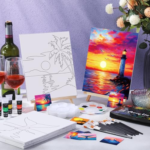 Sherr 24 Pcs Pre Drawn Canvas for Painting Adult Pre Printed Canvas Bulk Sip and Paint Kit Stretched Panels Paint Set for Theme Valentine Painting Night Party Favor(Multiple Sceneries,8 x 10 Inch) - size: 8 x 10 Inch, style: Multiple Sceneries