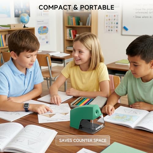 Electric Pencil Sharpener for 6 to 8 mm Pencils Helical Blade Fast 4 Second Sharpening Large Shavings Bin Non Slip Feet Safe Design for Classroom Office and Home Green(S1131) - color: Green