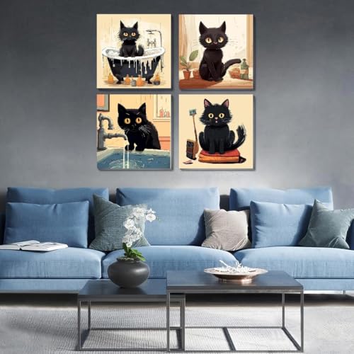 Funny Black Cat Paint by Numbers Kit for Adults Beginners, 4 Pack Cute Cat Easy Framed Adults Paint by Numbers Kits, DIY Black Cat Acrylic Oil Painting Number Kits for Home Wall Decor (8 x 8 Inch) - color: BKH1236-BKH1237-BKH1238-BKH1239-US