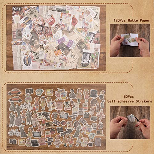 200Pcs Vintage Scrapbook Stickers, Aesthetic Junk Journal Stamping Supplies Kit, Scrapbooking Ephemera Washi Paper for Bullet Journaling Planners Diary Collage (Nostalgic) - style: Nostalgic
