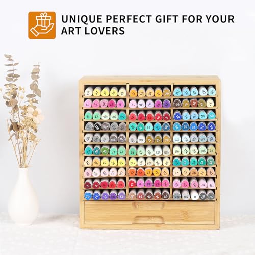 AUTOARK Bamboo Marker Organizer for 150 Markers,AHK-060 | Desktop Storage with Drawers,Art Markers Pens Pencils Brushes - size: 150 Markers