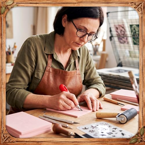 Qeeenar 97 Pcs Linocut Kit for Printmaking, Stamp Making Starter Set with 12 Soft Pink Rubber Carving Blocks Lino Cutter Tools Brayer Roller Black Ink & Metal Tray, DIY Arts Crafts Gift for Beginners