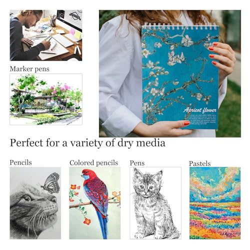 Van Gogh Aesthetic Art Mixed Media Sketchbook,98lb/160gsm Acid Free Thick Paper Sketching,Larger Blank Spiral Bound Notebook,Sketch Pad Book for Kids Student and Adult (Almond Blossoms) - color: Almond Blossoms