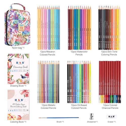 H & B Art Supplies, 72 Pack Drawing Supplies for Adults, Drawing Kit with Drawing Book, Coloring Book, Watercolor, Metallic Charcoal Macaron Oil-Based Coloured Pencils for Artists - size: 72, style: 4-Flora (Combation)