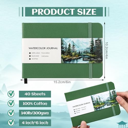 40 Sheets Watercolor Journal 4x6in, 140 lb/300 GSM Watercolor Sketchbook Cold Press Watercolor Paper Watercolor Notebook for Art Painting, Drawing, Mixed Media | 300 Gsm Paper, Wirebound with Perforated Pages, Elastic Band, Sturdy Cover, for Watercolor, S