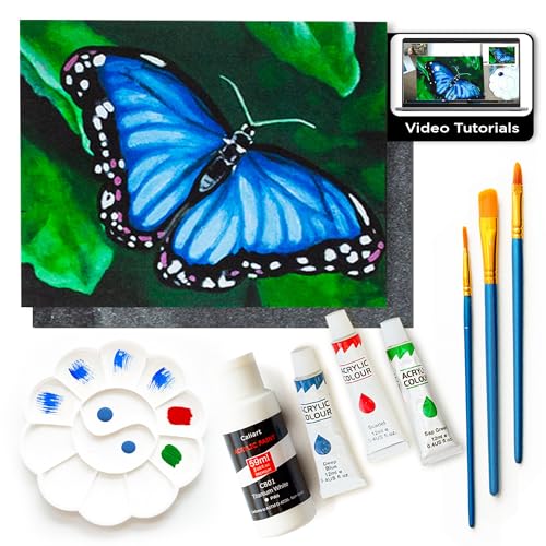 DIY Painting Class Kits for Adults with Video Tutorials, Learn to Paint Blue Butterfly, How to Paint with Acrylic Paint Sets for Adult, 9 Peices Art Set & Painting Supplies Gifts for Mom - color: Majestic Butterfly