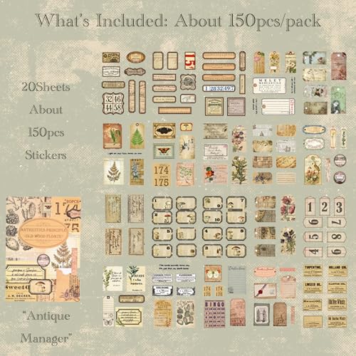 Vintage Stickers 20 Sheets About 200 Pcs Scrapbooking Supplies Journaling Stickers Junk Journal Collage Kit Art Bullet Journal (Antique Manager)