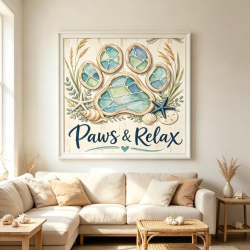 Coastal Dog Paw Diamond Painting Kits for Adults,Beach Ocean Diamond Art | DIY Full Round Drill Gem Painting Seaside Paint by Diamonds Relaxing Craft for Home Wall Decor 13.7x13.7In - color: KM1296-1
